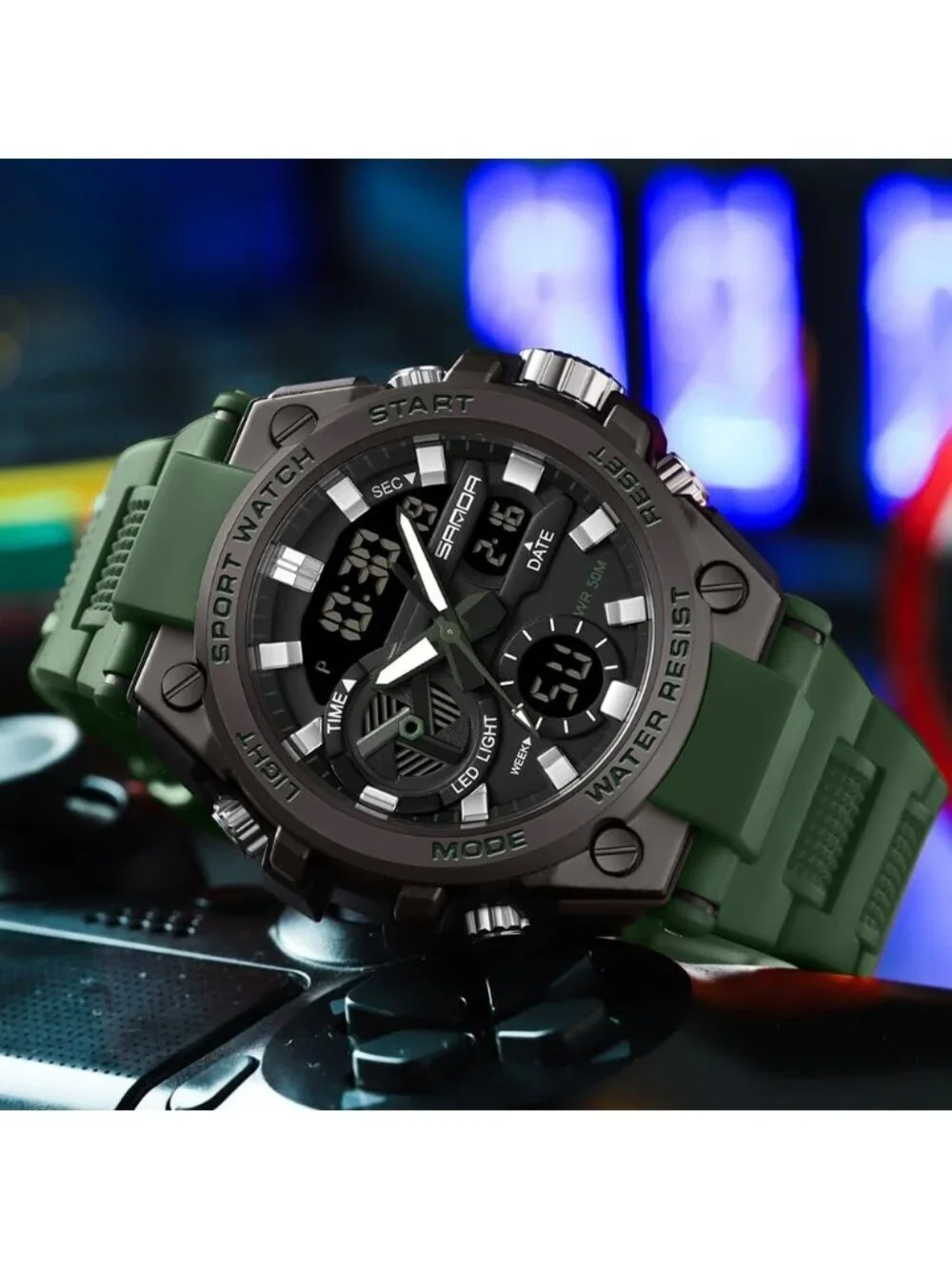 Men's Army Green And Black Analog Quartz Sport Waterproof Military Digital Watch